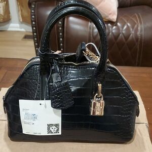 Anne Klein Black Croc-Embossed Satchel with Gold Hardware